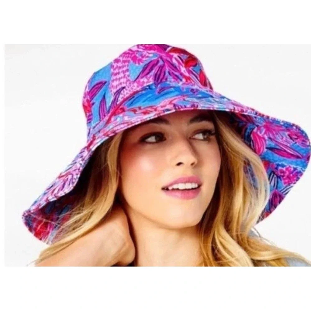 Lilly Pulitzer Bucket Hat Womens One Size Blue Pink‎ Floral Tropical Wide Brim